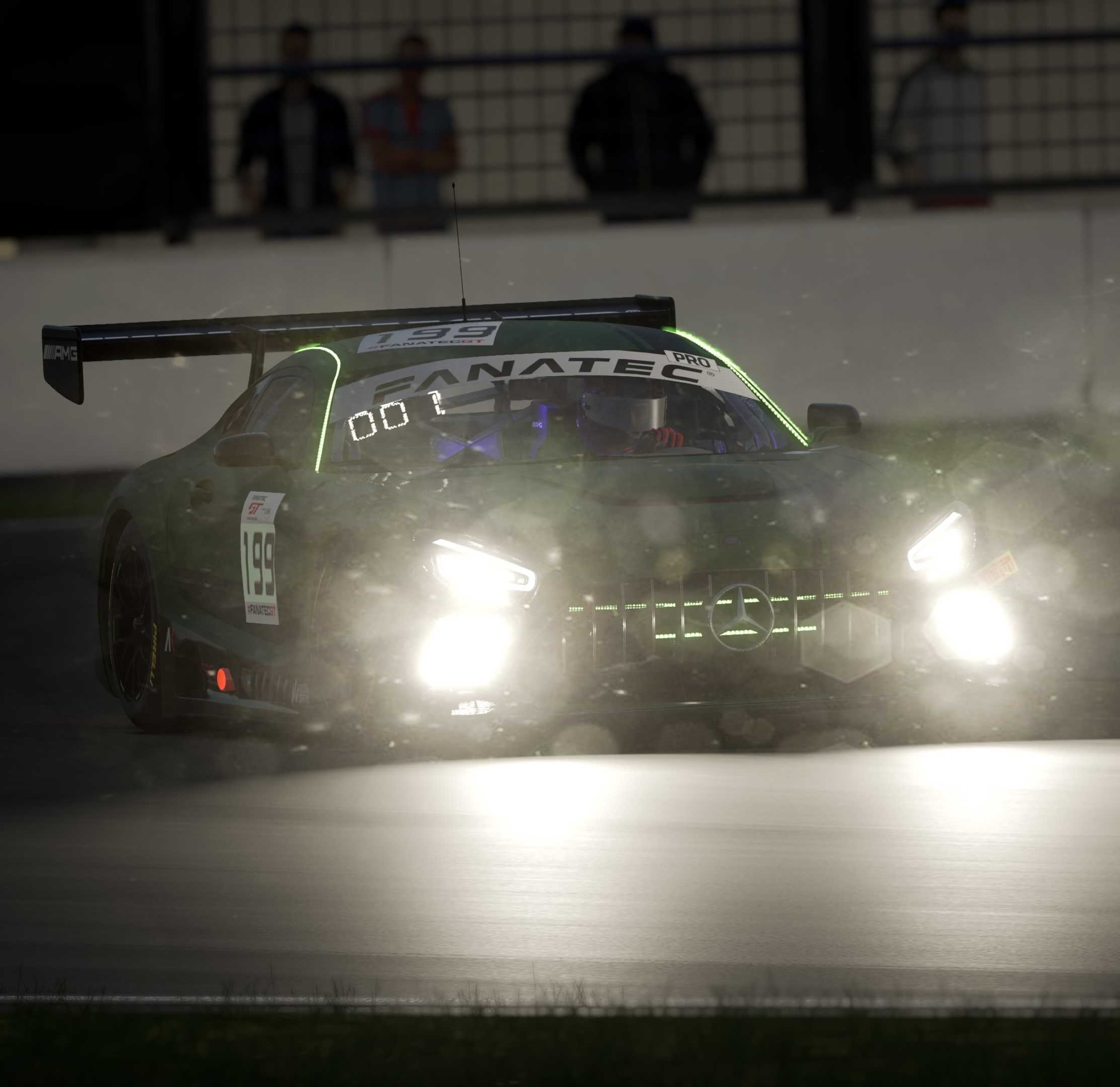 Nussy Motorsport car under floodlights in the rain